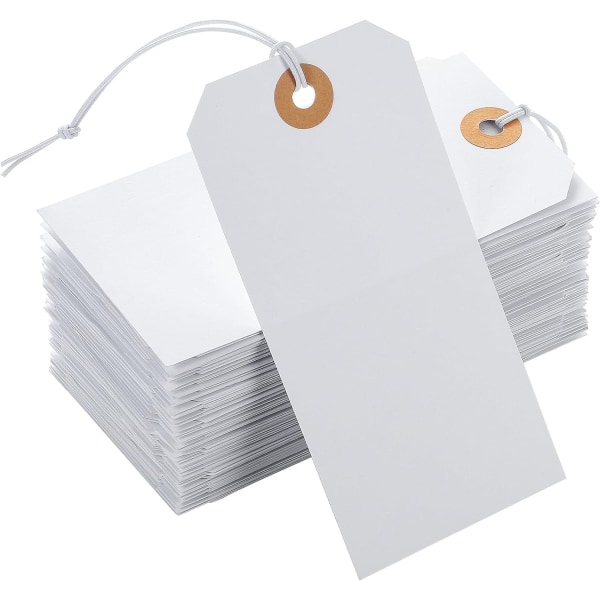 100st stora prislappar med elastiskt snöre Vita hängpappersetiketter med snöre fäst förstärkt hål Skrivbar 4,76''×2,36''