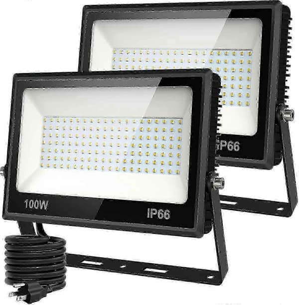 2-pack 100W LED Flood Light Outdoor with Plug, 9000lm IP66 Waterproof Security Light 6500K Daylight