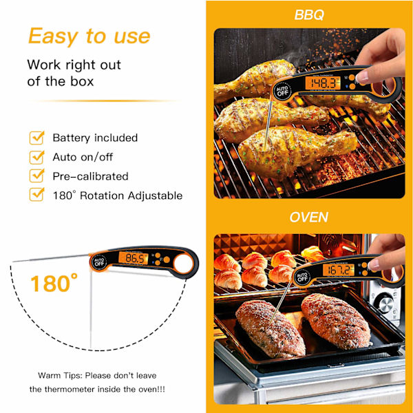 Digital kötttermometer (orange) – Snabb stektermometer, Accu