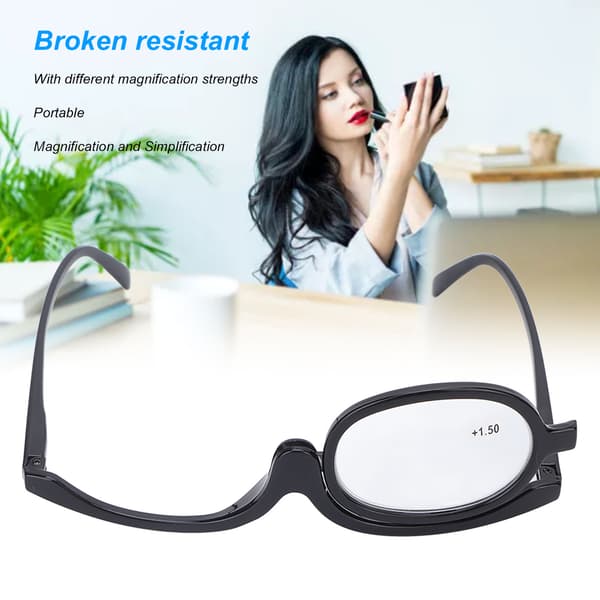 Forstørrelsesmakeupbriller med flipglas, ensfarvede makeupbriller i sort (+1,50)