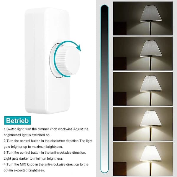 Inline LED-dæmper, indbygget drejelig ON/OFF og knapstyring til dæmpbare 3-100W LED/glødepærer, hvid