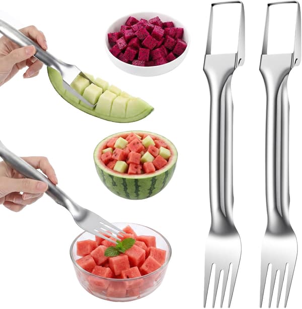 2-i-1 Vannmelonkutter og Skje, Fruktgaffel i Rustfritt Stål med Dobbelthode for Melon og Mango til Hjem, Camping, Fester (2 STK)