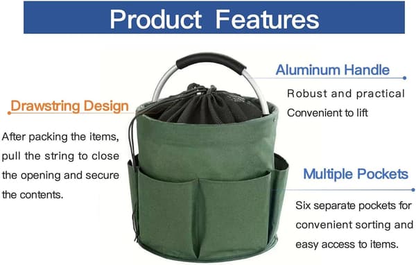 wxsp 1-piece foldable multifunctional basket - Green storage basket with aluminum handle - Foldable picnic basket for outdoor use and