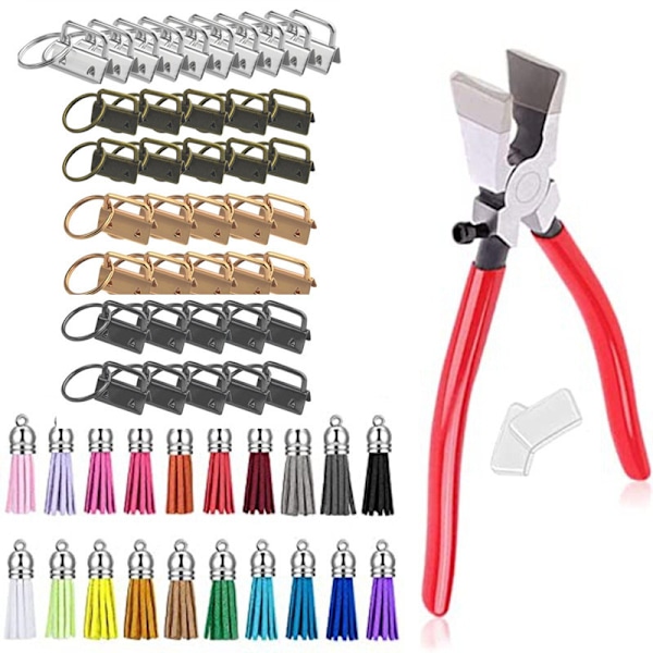 60pcs Key Fob Hardware with 1Pcs Key Fob Pliers, Glass Running Pliers Tools with Curved Jaws, Studio Running Pliers