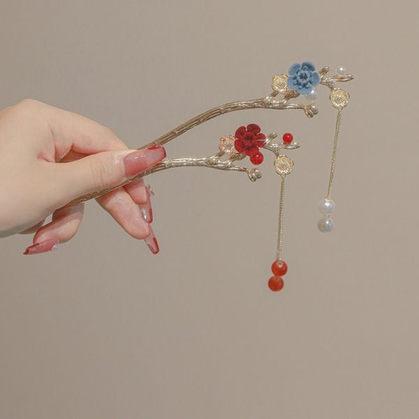 Luumunkukan tupsuhiusneula Double Flower Hairpin Hair Stick i Hanfun naisten ikivanhoille hiustarvikkeille, Sininen ja punainen (2 kpl)