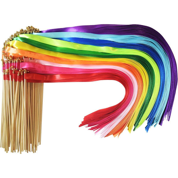 100 stycken mångfärgade bandstavar, streamers, pinnar med guldklocka, kromatiska silkesönskepinnar, fe-pinnar, festliga rytmband