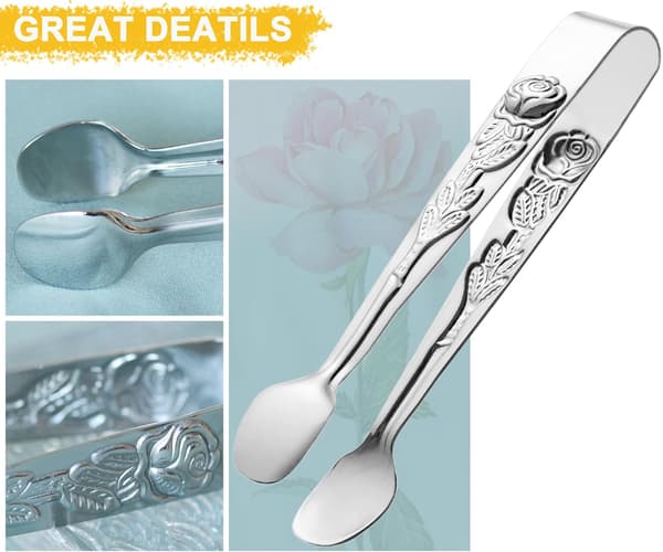 6 st Mini Serveringstänger 10,7 cm Små Sockertänger, Liten Kökstång i Rostfritt Stål för Aptitretare, Tebjudning, Kaffebar, Desserter (Silver)