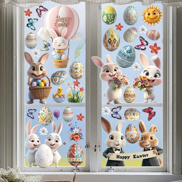 Easter Window Stickers 106 pcs 3D Rabbit and Egg Static Clings for Home, School, Office, Party Decorations