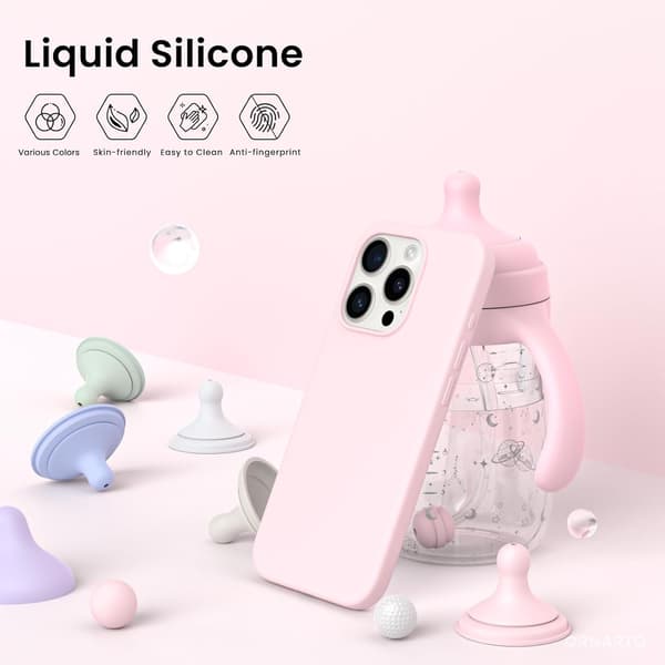3-lags flydende silikonecover til iPhone 15 Pro (6,1 tommer) - Fuld beskyttelse, stødsikkert, pink