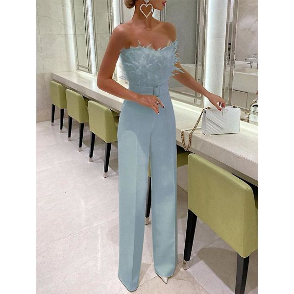 Jumpsuit til kvinder Lang Jumpsuit Stropløs Skrå Hals Fjer Tube Top Sexy Fest LBlå Blue L