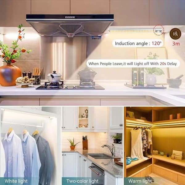 (White, 3-pack) Cabinet lighting with motion sensor, rechargeable LED wardrobe lighting, battery-powered wireless magnetic lighting