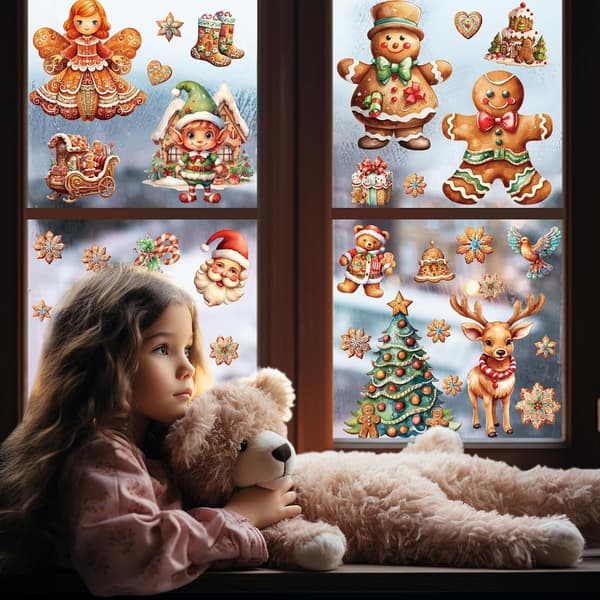Christmas Window Decals Gingerbread Man Candy Tree Removable Glass Decoration Double-Sided Static Cling Film For All Windows 9 Sheets