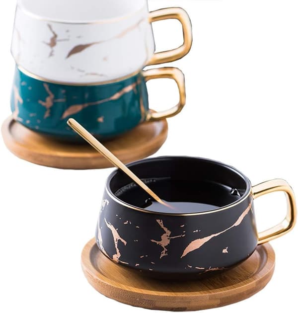 Teacup Coffee Mug Set for Afternoon Tea - Marble Pattern (Short 301ml + Wooden Saucer)