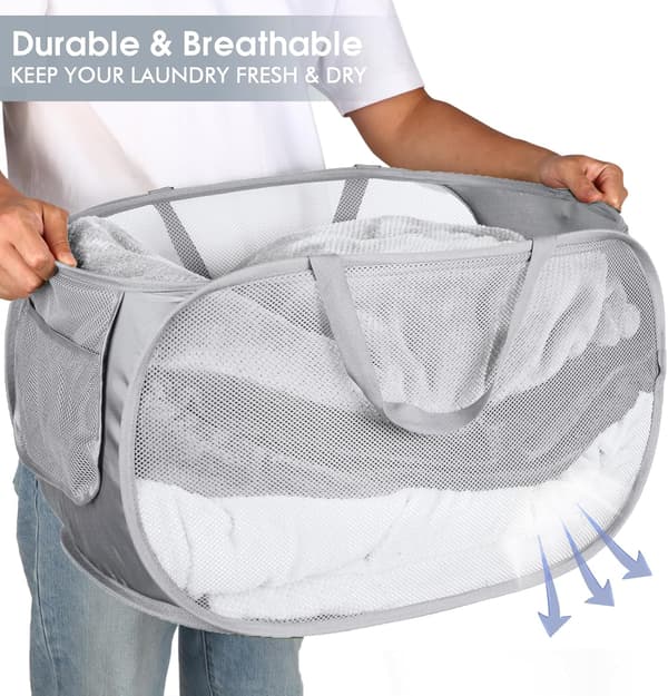Mesh Pop Up Laundry Hamper with Practical Pocket, Foldable Clothes Basket with Reinforced Carry Handles for Bathroom.
