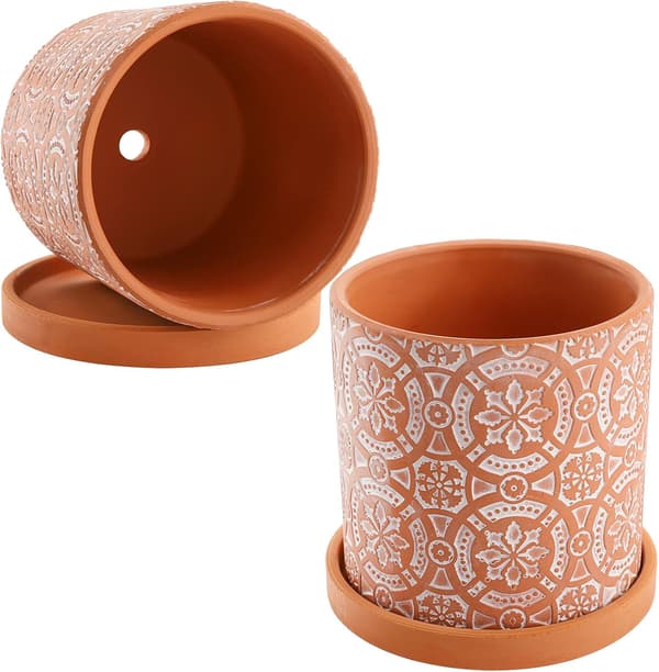 2-pack terrakottakrukor, 12,7 cm röda lerkrukor med bohemiskt blomstermönster