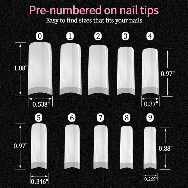 Akrylnagelspetsar 500 st, franska falska naglar Naturliga falska nagelspetsar med nagelklippare och case för nail art och gör-det-själv hemma (10 storlekar)
