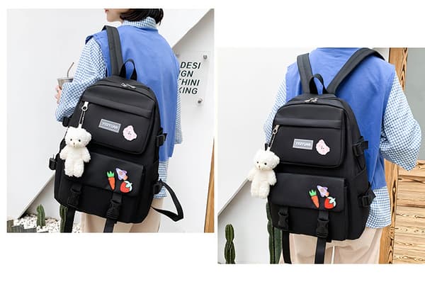 Five-piece School Bag Large Capacity Shoulder Bag Includes Bear Pendant-389 Black