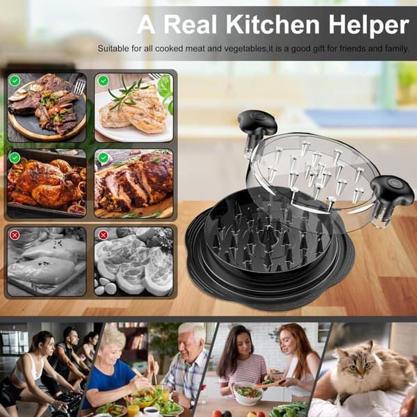 Chicken Shredder with Rotating Design - Transparent Lid - Robust Non-Slip Strips and Ergonomic Handle.
