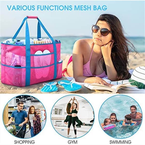 Large Mesh Beach Bag with Zipper, Foldable Sandproof Beach Tote with 7 Storage Pockets for Swimming, Camping, Beach Toy Storage, Unisex