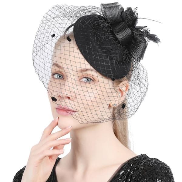 Slør med sløjfe fascinator hat net pandebånd til kvinder (sort)