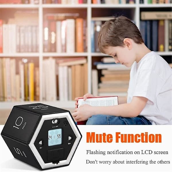 Hexagonal Flip Timer med Stille og Alarmfunktioner - Brugervenlig Køkkenur - Børns Tidsstyring Pomodoro Timer Sort