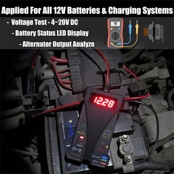 12V Digital Batteritester Voltmeter Generator Ladesystem Analysator med LCD-skjerm LED-indikator, Svart Gummikasse