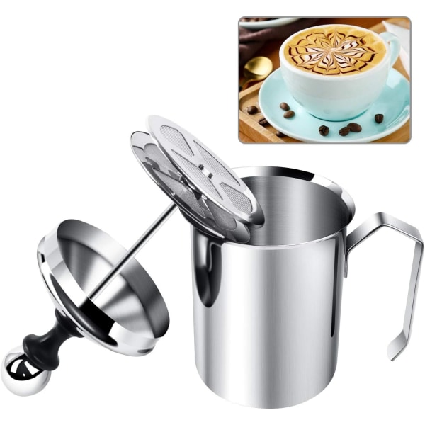 Manuell melkekremer Håndpumpeskummer Cappuccino Latte kaffeskumkanne med håndtak, lokk, dobbeltlags filterskjerm, rustfritt