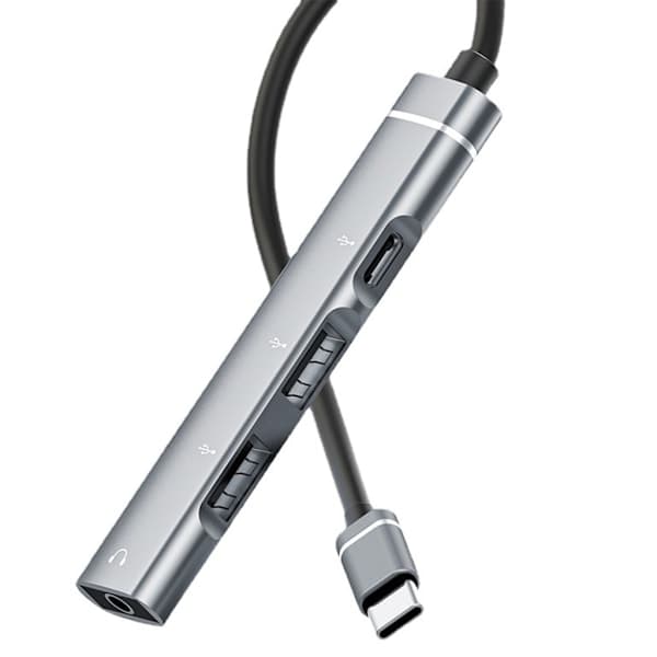 Type-C Dockingstation til 3,5 mm Jack USB2.0 TypeC HUB 4-i-1 Splitter USB C Adapter til UDisk Tastatur Grå 0,03
