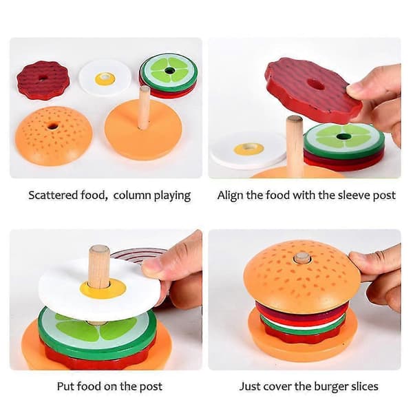 Pædagogiske stabelbare træ-burger-sandwich-klodser til børn - Legetøj til finmotorik Sandwich