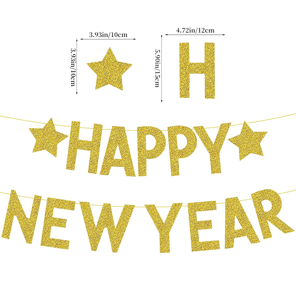 Guld Glitter Happy New Year Banner Guld - robust glitter Happy New Year guirlande banner kan også bruges til næste års