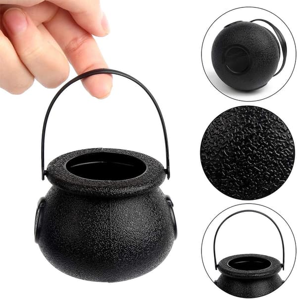 wxsp Black Cauldron with Handle, Mini Plastic Candy Bucket for St. Patrick's Day, Halloween Party, 12-pack Mini Size