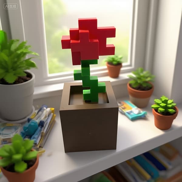 Pixel Rose Flower 3D Printed Decorative Ornament Desk Valentine's Day Gift Red Red