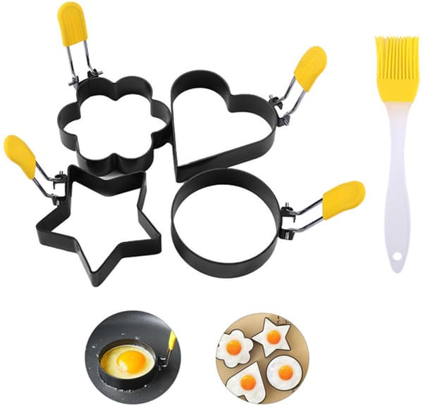 Egg Ring Set, 5 Pieces with Oil Brush, Foldable Handle Molds: Circle, Star, Flower, Heart, for Pancakes