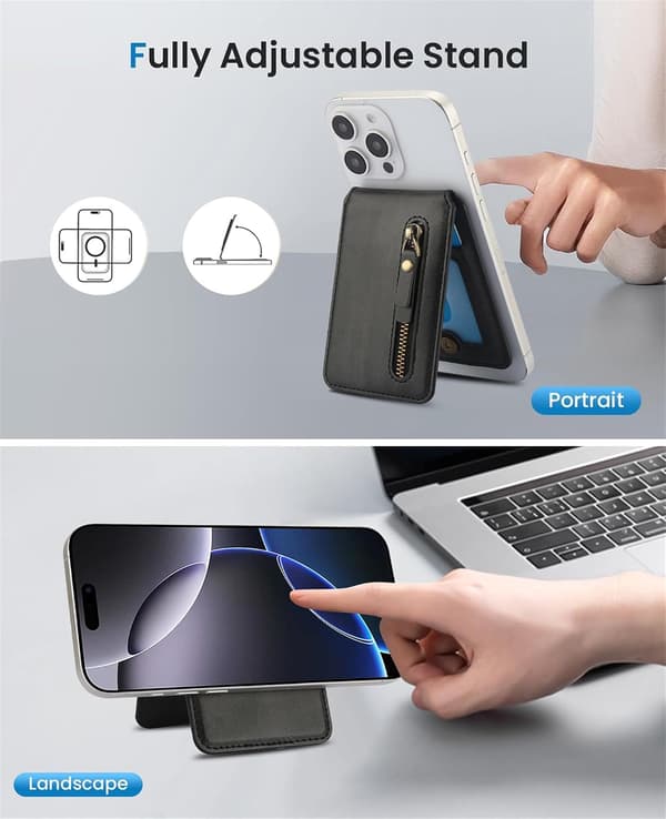 Stærk magnetisk pung til iPhone 16 15 14 13, PU-læder kompatibel med MagSafe-pung med justerbart stativ, magnetisk kortholder til iPhone