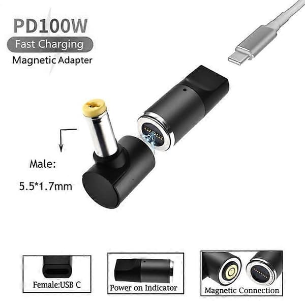 Til Acer Laptop 100W Magnetisk USB Type-C Hun til 5.5mmx1.7mm Han PD Hurtigopladningsadapter
