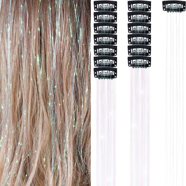 Clip-in Hår Glitter Extensions Sæt til Halloween Cosplay Fester Lyserød Light pink