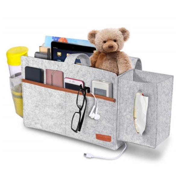 Sengebord Organizer, Filt Sengeoppbevarings Caddy med Vevboks og Vannflaskeholder, Magasin Telefon Tablett Fjernkontrollholder
