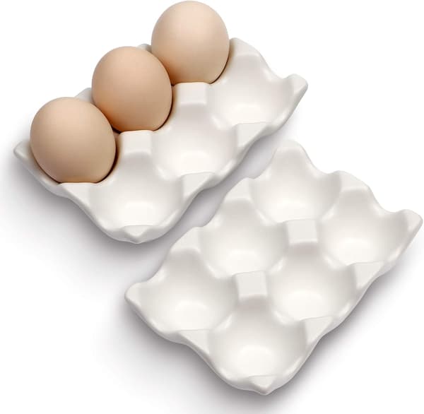 Egg Tray, Cutlery Set (6 Cups, Egg Carton, Egg Holder), Storage and Decoration Accessories for Kitchen and Dining Room (White, 2-Piece Set)