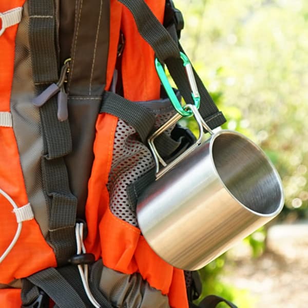 Utendørs camping kaffekopp sølv rustfritt stål og bærbart sammenleggbart håndtak
