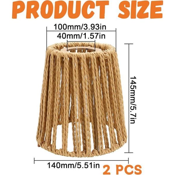 Handwoven Natural Rattan Lampshades - 2 Pieces, Boho Style for E27/E14, Ceiling/Wall Lamp Decoration (Natural)