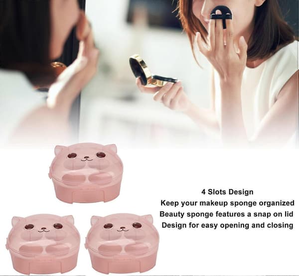 3 Pcs Makeup Sponge Holder, 4 Compartments Makeup Blenders Case, Cat Shaped Transparent Cosmetic Sponge Container