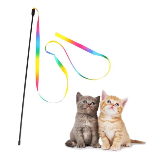 Interaktive Katt Regnbue Stang Leke, Interaktiv Katt Teaser Stang Snøre, Fargerik Bånd Sjarm for De Fleste Katter og Kattunger - 2 STK