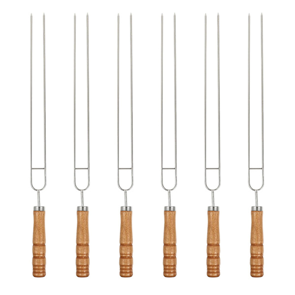 6 stk 2-tannede Grillspyd Stekespyd Rustfritt Stål Gaffelholder Utendørs Grillverktøy Med Trehåndtak For Kjøkken Grill Camping Piknik 6STK 6PCS