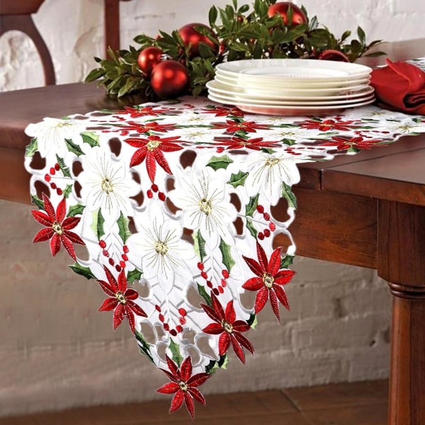 Julebrodert bordløper Julestjerne Holly Leaf Openwork håndvevd bordduk til julepynt（38*220CM）