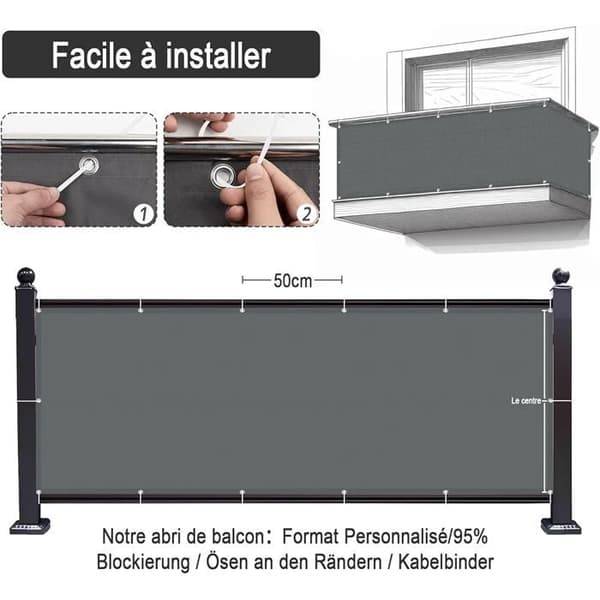 Balcony Privacy Screen 100x300cm, Waterproof Privacy Screen (PES), Opaque UV Protection