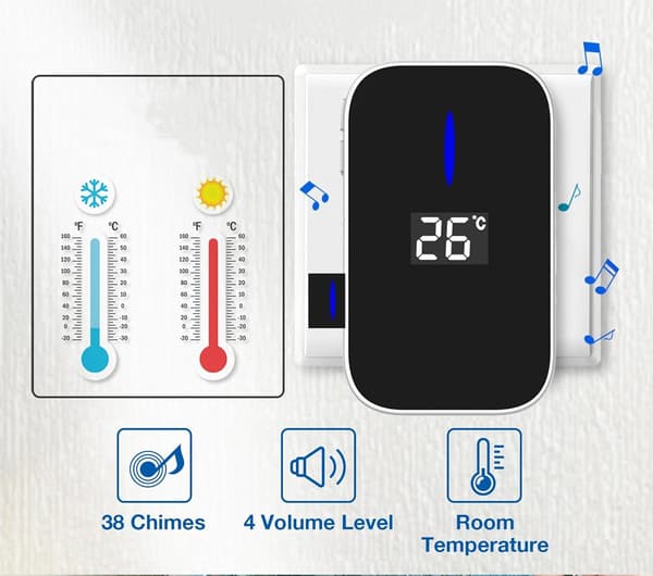 Wireless Doorbell, Battery-Free Wireless Chime, Self-Powered Doorbell Button Electronic Chime Kit Temperature Display