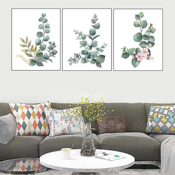 Sett med 3 grønne eukalyptusblader dekorativt bilde, soveromsdekorasjon