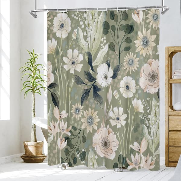 Grönt blommigt duschdraperi, sommarväxtblad tyg duschdraperier för chic elegant badrumsinredning, modern Ab