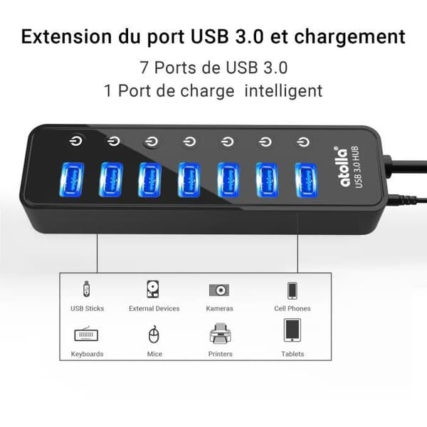 Atolla USB 3.0-hubb - 7 portar - Extern strömförsörjning 5V/4A - Oberoende omkopplare - Svart