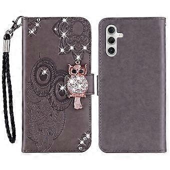 Plånboksfodral för Samsung Galaxy S24 FE Uggla Blomma Tryckt Strass Läderfodral Stil E Style E